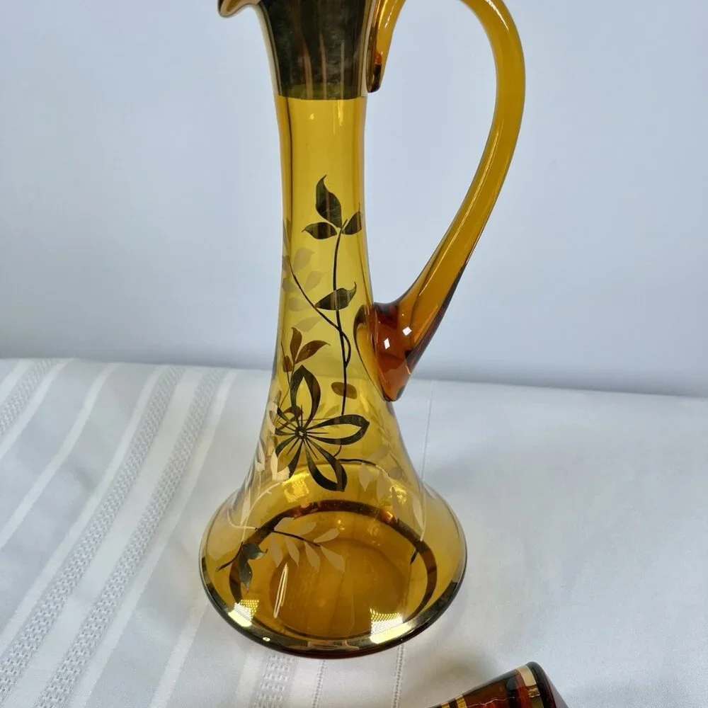 Bohemia Crystal 60s MCM Amber Decanter Floral & 6 Glasses Czech Mid Century RARE